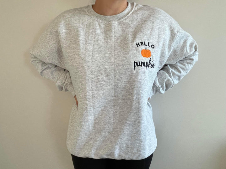 PREORDER: Hello Pumpkin Embroidered Sweatshirt in Ash