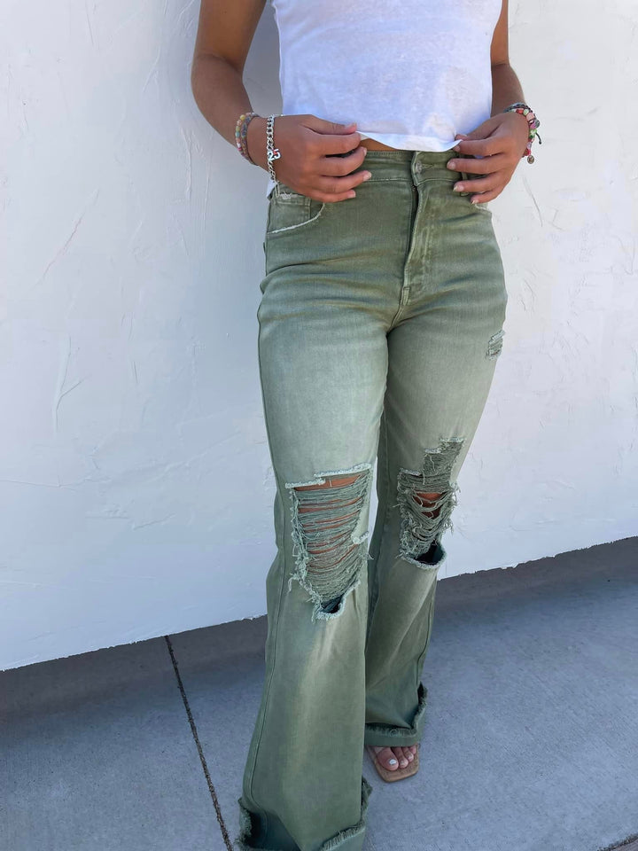 Blakeley Distressed Jeans In Olive and Camel