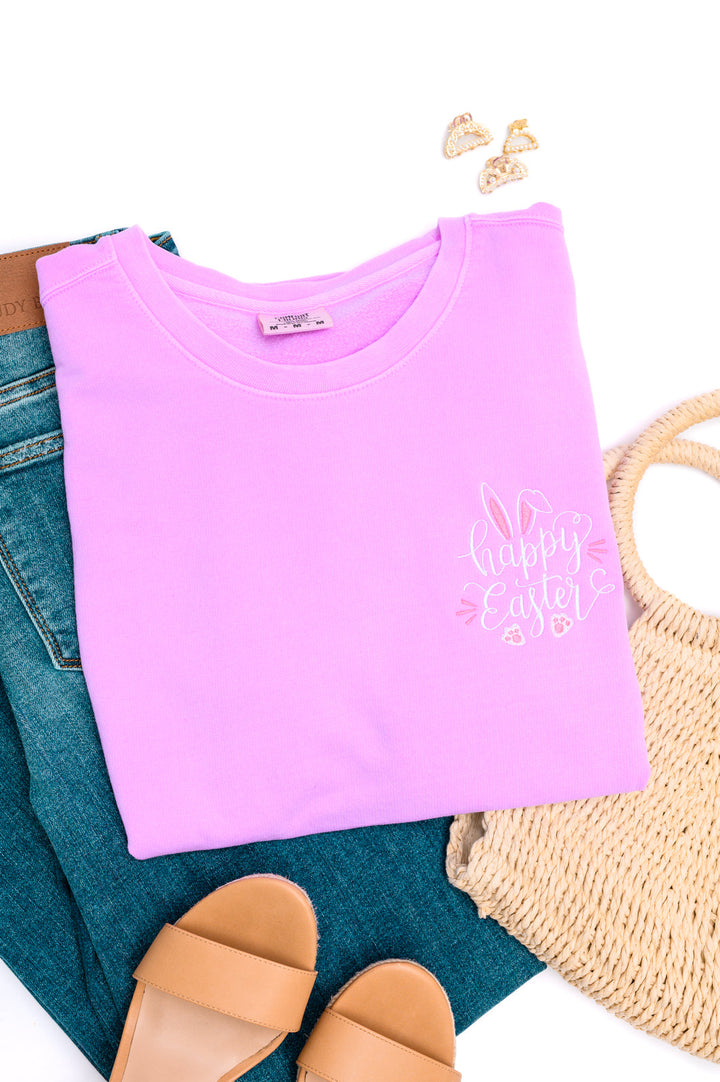 PREORDER: Embroidered Happy Easter Sweatshirt in Violet