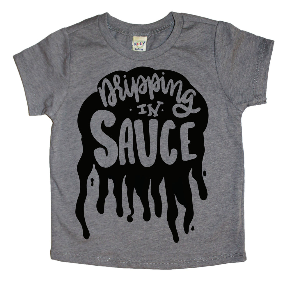 Grey Shirt with black Dripping In Sauce Graphic For Kids. Shop Mattieandmase.com