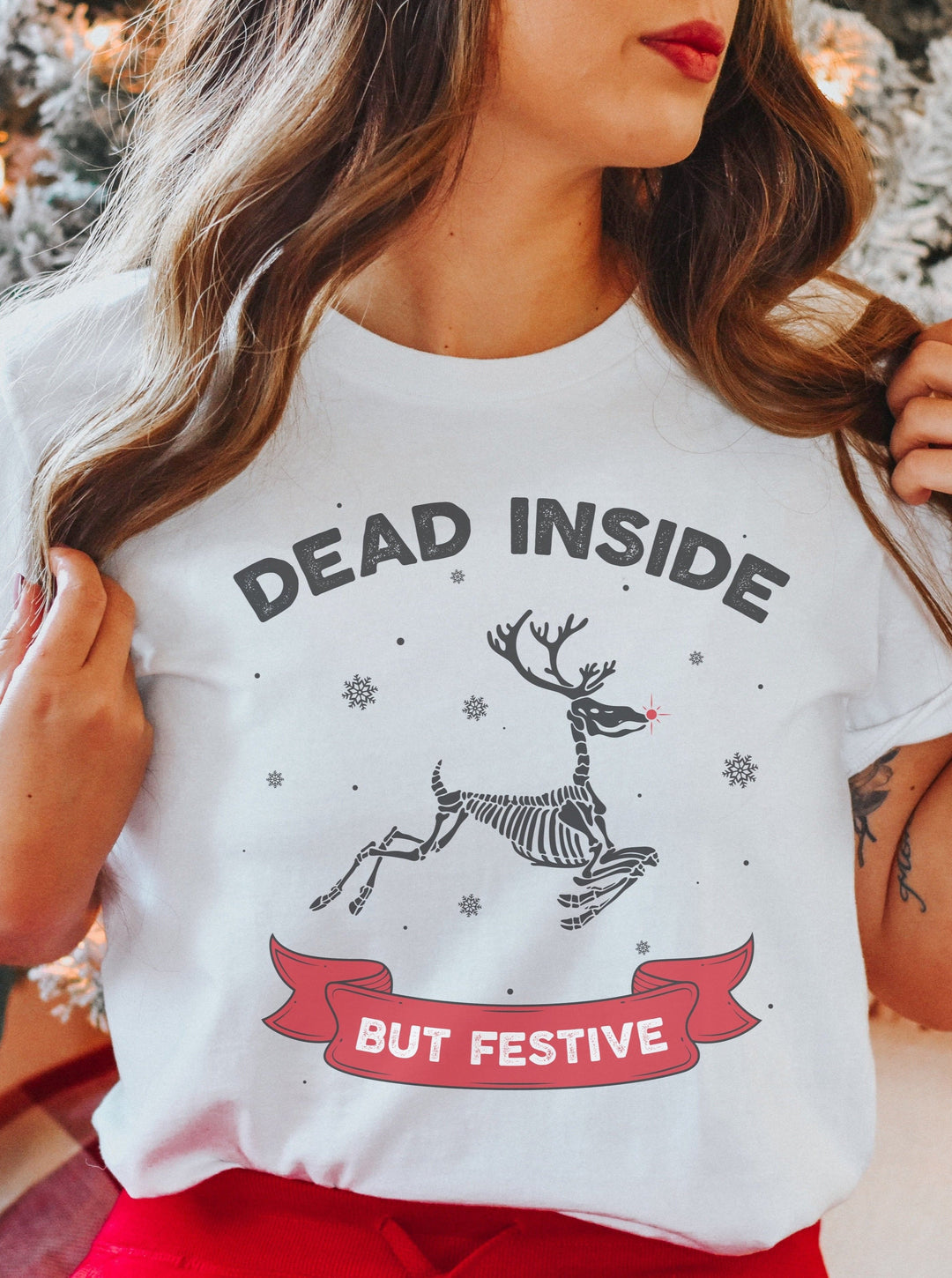 Dead Inside but Festive Reindeer tee with red ribbon