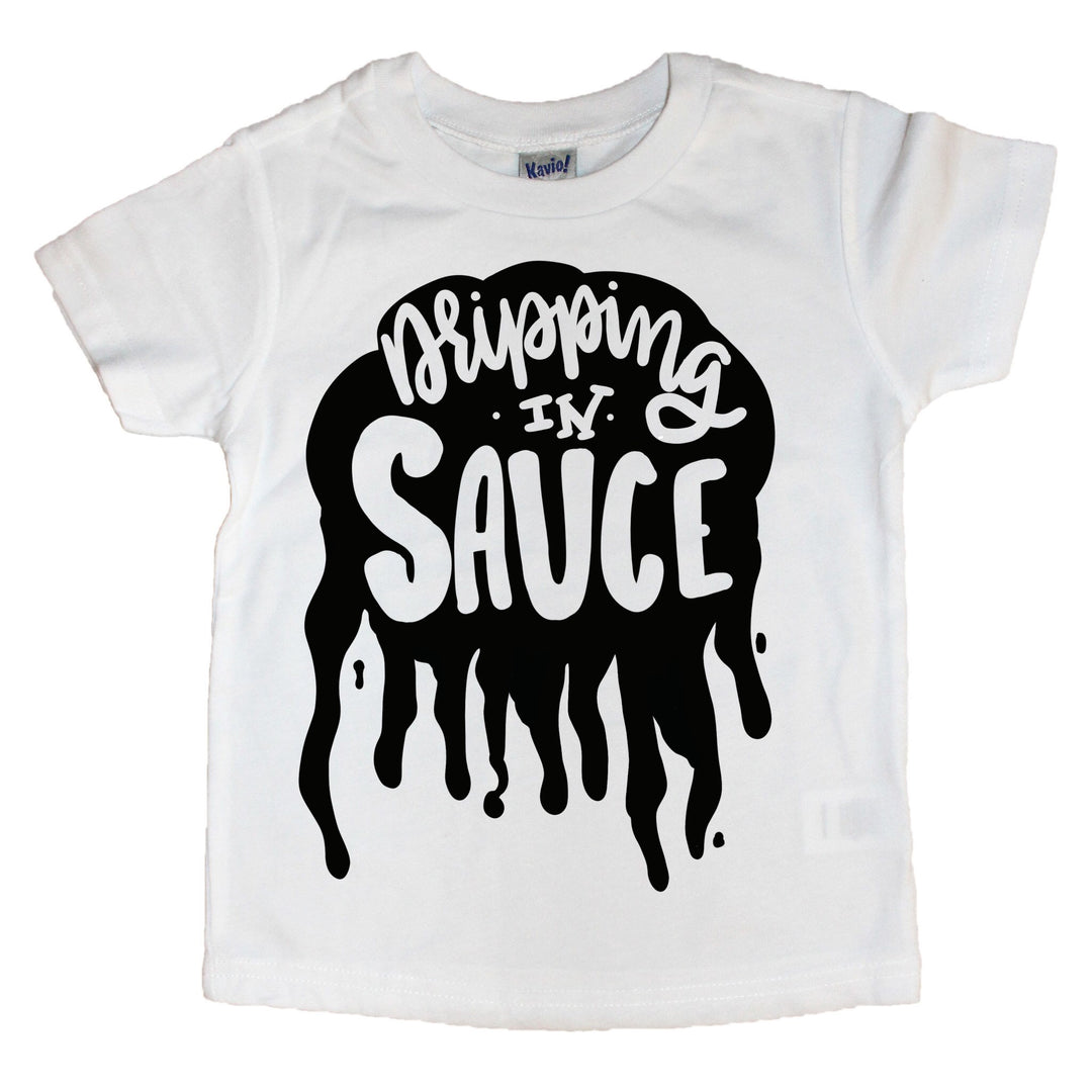 White Shirt with Black Dripping In Sauce Graphic For Kids. Shop Mattieandmase.com
